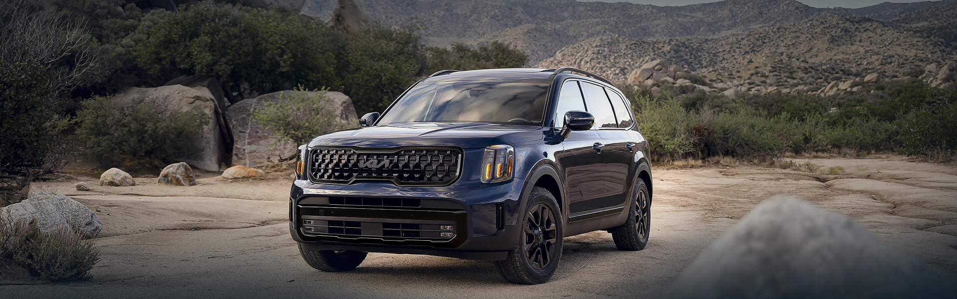 2025 Kia Telluride in blue parked with side view and mountain in background