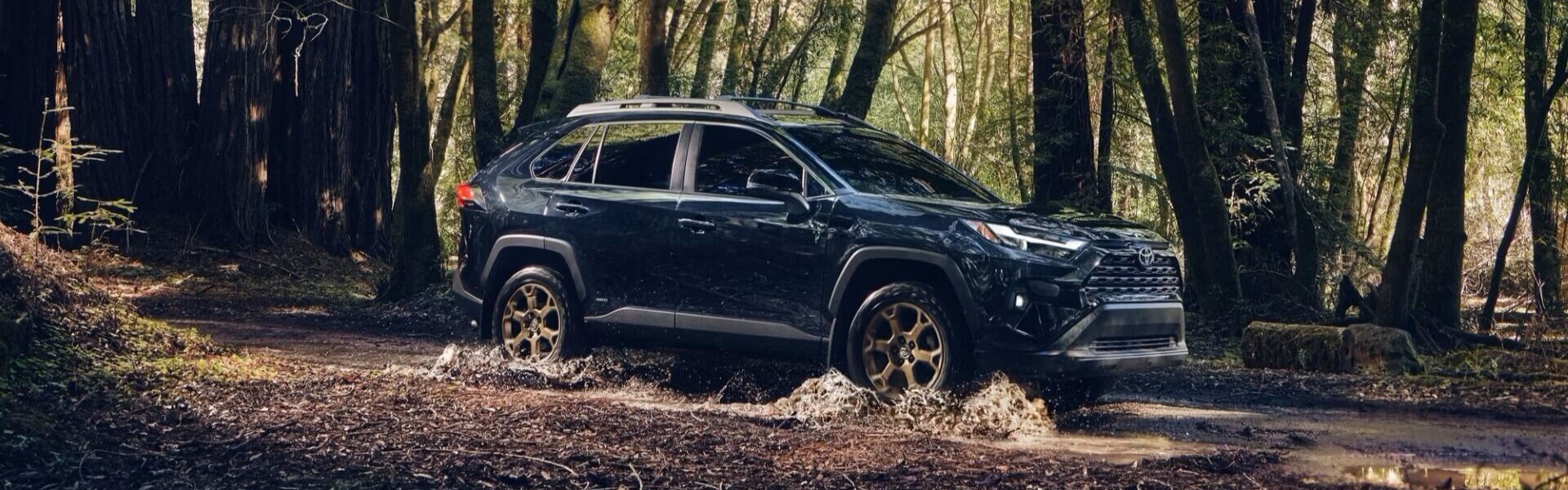 2025 Toyota RAV4 Hybrid in black running in the forest with side view-Banner