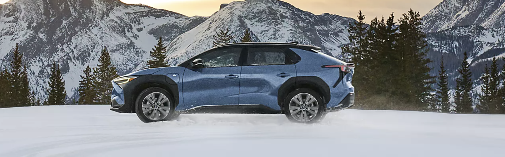 Subaru Solterra running on snow banner