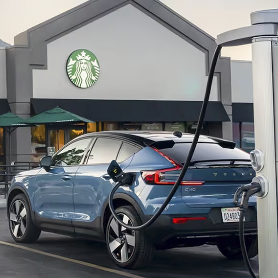 Volvo charging at starbucks - square image